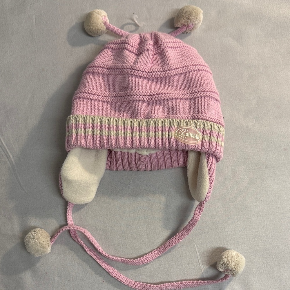 ⭐️ Cali Kids - NWOT - Pink Knit fleece lined Hat with double Pom-Poms